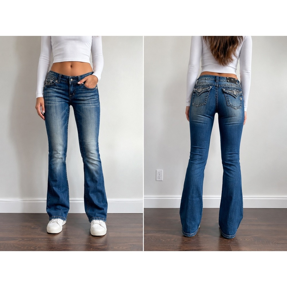 Miss Me Women Bootcut Embellished Jeans Medium Wash Distressed Sequins Size 29
